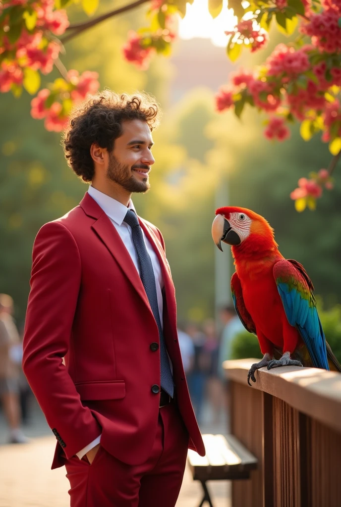 A handsome 27 year old cute beautiful white boy with short attractive curly hair introduces his college friend a parrot while his friend looks at him from his parrot he is wearing a college uniform with a red suit