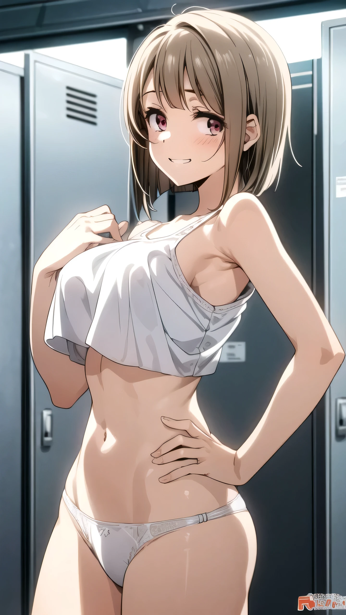 beauty smile blush Pure white bra Pure white underwear tits Female organ 濃いpubic hair pubic hair Half naked Armpits Hands on hips locker room