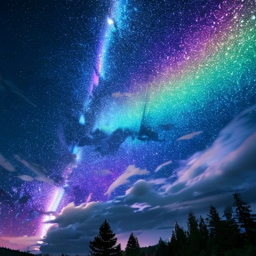 masterpiece, best quality, high quality, cg, 8k, scenery, night, sky, clouds, no man ,lush forest, beautiful waterfall, rainbow, fantasy image, firefly, moonlight, aurora, tree, black snake on tree, apple herd, moose, albino deer, white rabbit,