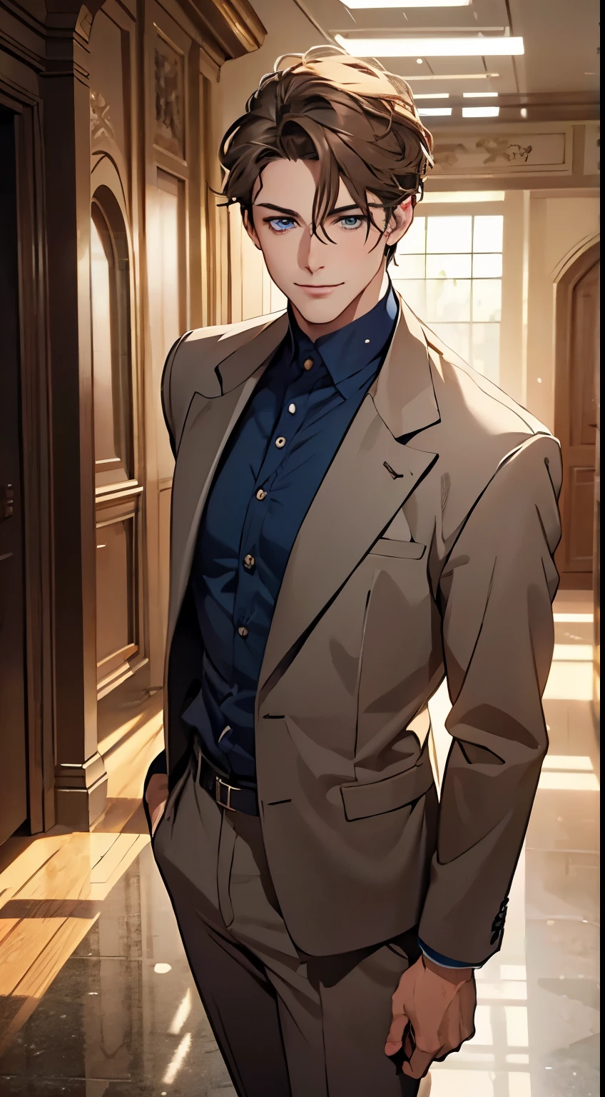 a mature man with short grey Brown hair, blue eyes, 34 years, and a perfect face, smiling in love, CEO, cinematic lighting, 1:4 HDR image, top view, ultra detailed, best quality, masterpiece, 8K, photorealistic, beautiful image