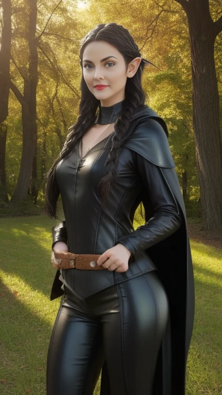 medieval setting, full view of body, (detailed elf ear, 1 woman, elven featured face, beautiful green eyes, black hair), (leather armor, black leather pants, leather hooded cape, braided leather, elven design), (oak forest, sunset background, giant oak tree), 