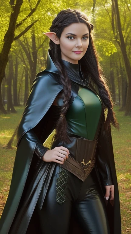 medieval setting, full view of body, (detailed elf ear, 1 woman, elven featured face, beautiful green eyes, black hair), (leather armor, black leather pants, leather hooded cape, braided leather, elven design), (oak forest, sunset background, giant oak tree),