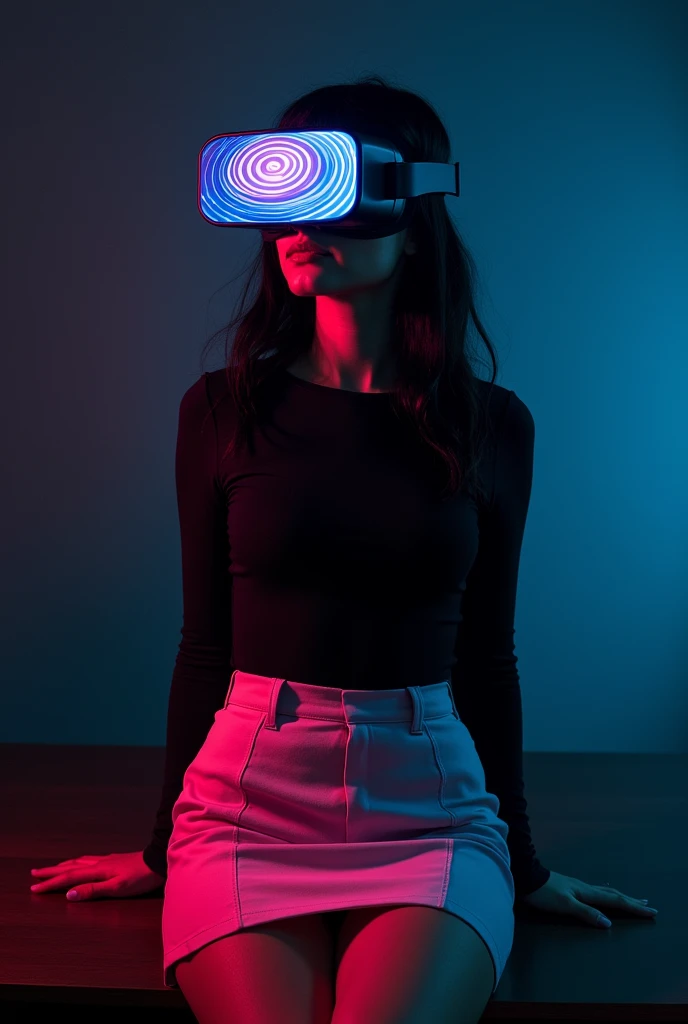 Dark black room a girl black top and mini pink skirt sitting on a table she is wearing a VR that showing her Hypnosis spirals