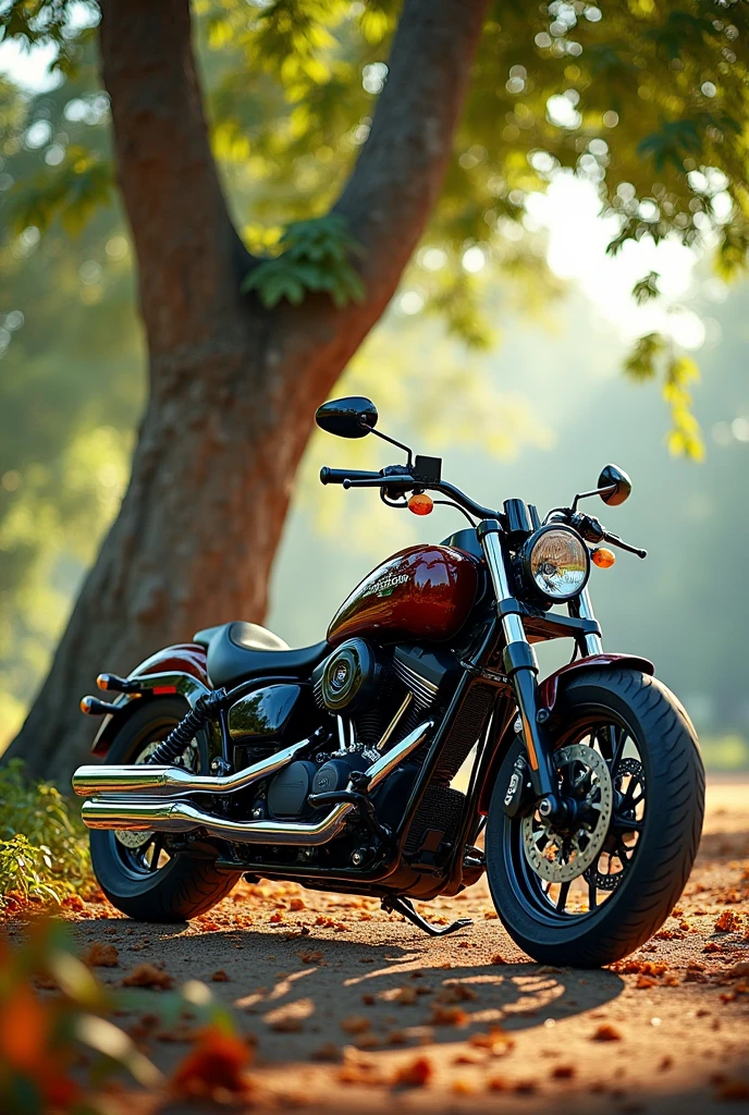 A motorcycle with a cocola in the background
