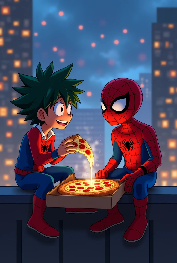 Make Deku from Boku no Hero and Spiderman eating pizza together on the edge of a building 