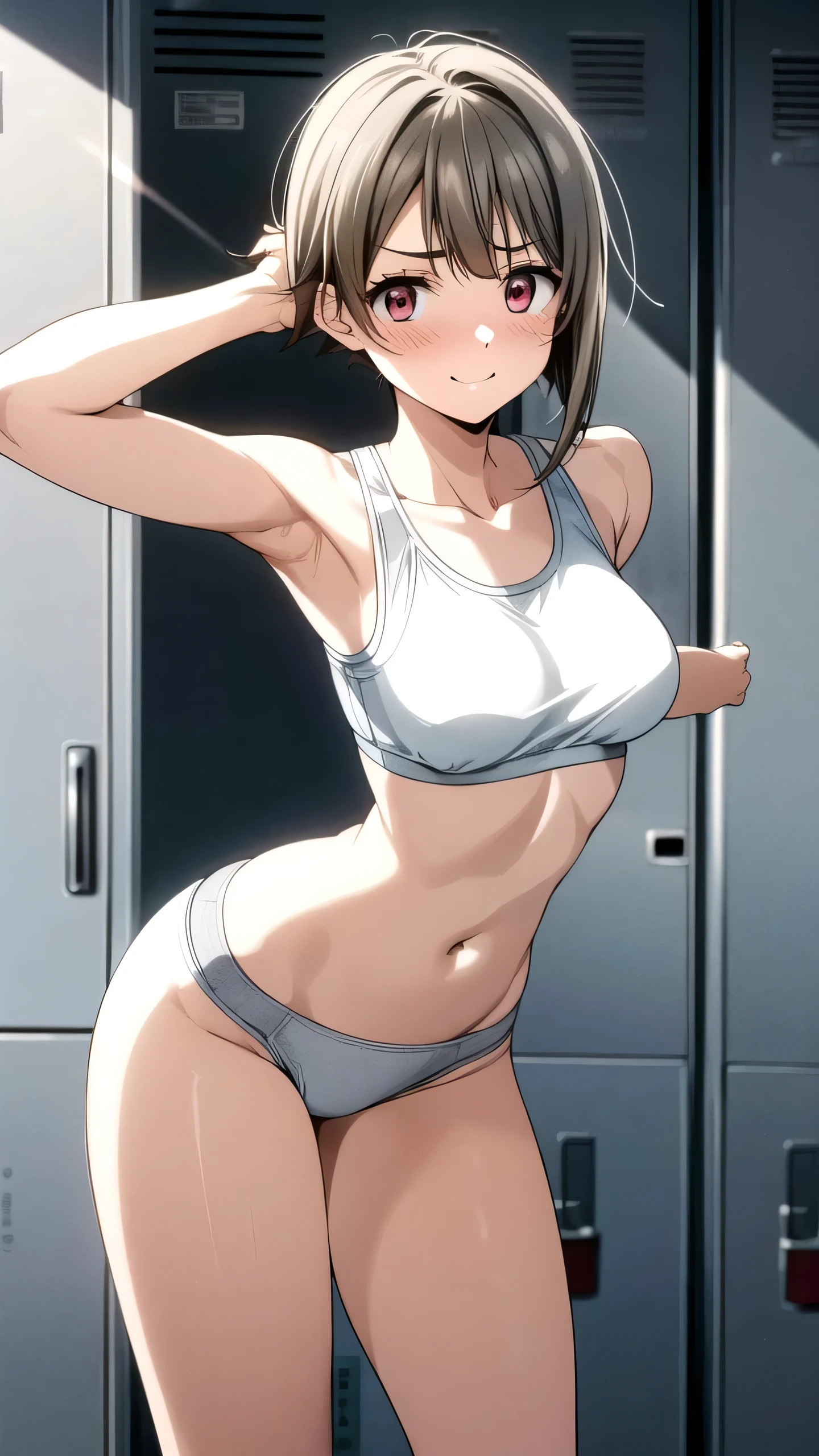 beauty　smile　blush　Embarrassed　Grey sports bra　Grey underwear　tits　Armpits　　Female organ　Thick pubic hair　Slender body　Half naked　locker room