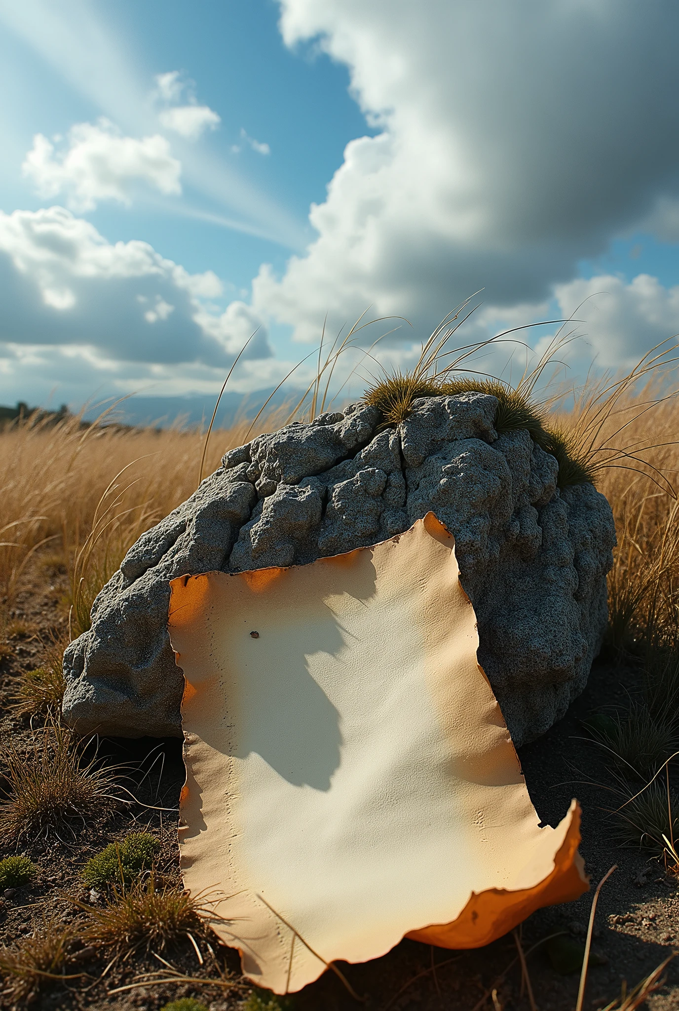 Realistically draw a sheet of paper under a rock. There is a lot of wind in the environment. But since the rock is on top of the sheet of paper, it prevents it from flying away.