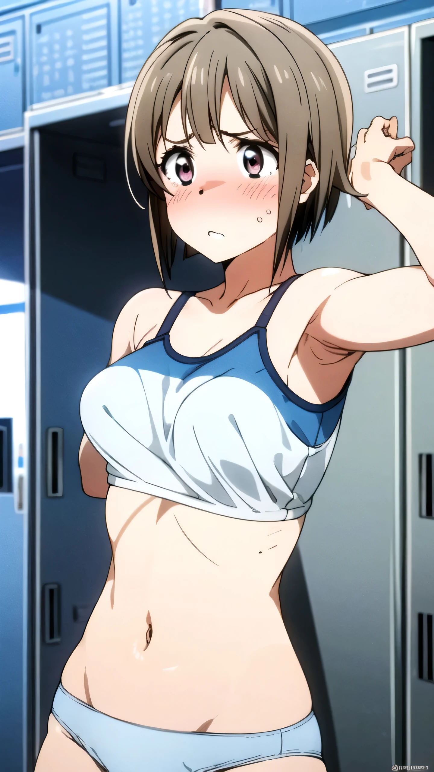 beauty Surprised blush Embarrassed Light blue sports bra Grey underwear tits Armpits Female organ Thick pubic hair Slender body Half naked locker room