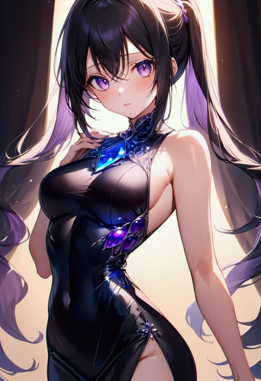 Anime girl with long straight dark onyx with a trace of azure and amethyst ,dark onyx eyes,athletic body, sleeveless onepiece elegant dress, detailed body, detailed eyes, masterpiece, best quality, aesthetic, standard pose