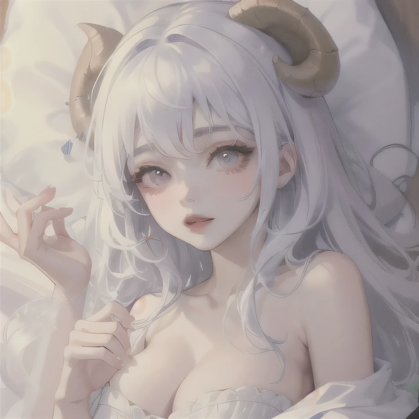 (High quality) (best quality) (A woman) (correct physiognomy) (perfect pupils) (perfect eyes) woman Human-sheep hybrid, deep white hair, long and fluffy, two Sheep ears coming out of her head, Red eyes, sensitive lips, feminine appearance, soft facial features, thin eyebrows, soft skin, rosy cheeks, rosy lips, silky eyelashes, dreamy expression, middle age, youthful clothing, sweatshirt with print sheep, photo illuminated by sunlight, Woman lying in her bed.
