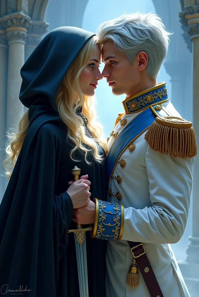 book cover ;
- the title is "Shadow And Light"
- the woman in black cloak with blonde long hair and purple eyes, smirking ( she wear her hood )
- the man in white royal uniform ( the uniform have color of white, blue and gold ) with grey hair and blue eyes, glaring at her
- they're facing each other, her hand pulls out a dagger and his hand holding her wrist
- make them look young ( in early twenties )
- make them enemies