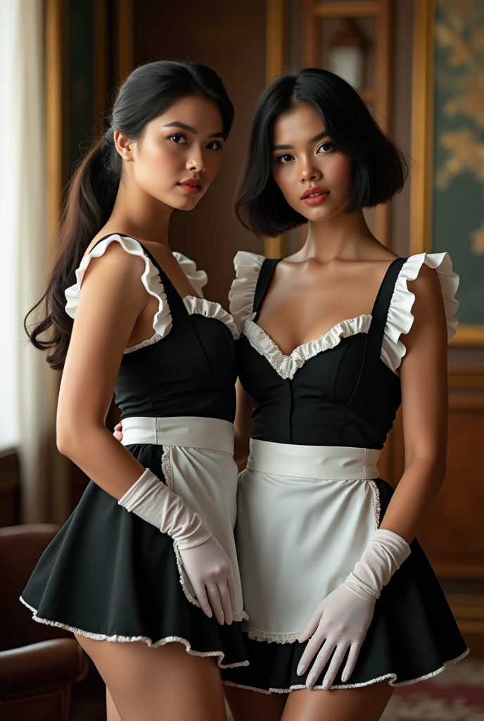 (Photography)(dynamic) Show two Malay females. One hair is tied ponytail, the other is bobcut hair. Both are wearing matching French maid outfit. Cleavage. Thigh. Gloves. Socks. Not smiling.