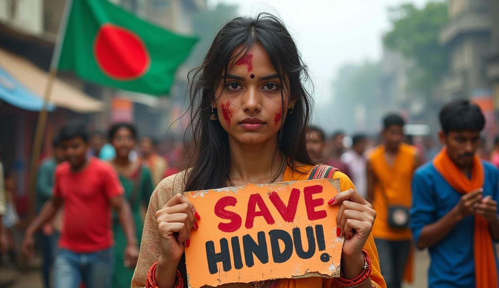 Age 23 young Hot Hindu girl feared wearing traditional clothes with poster in hand written save hindu white milky skin cuts and blood line on face and hand with many hindu and muslim people fighting each other and flag of bangladesh in background ,