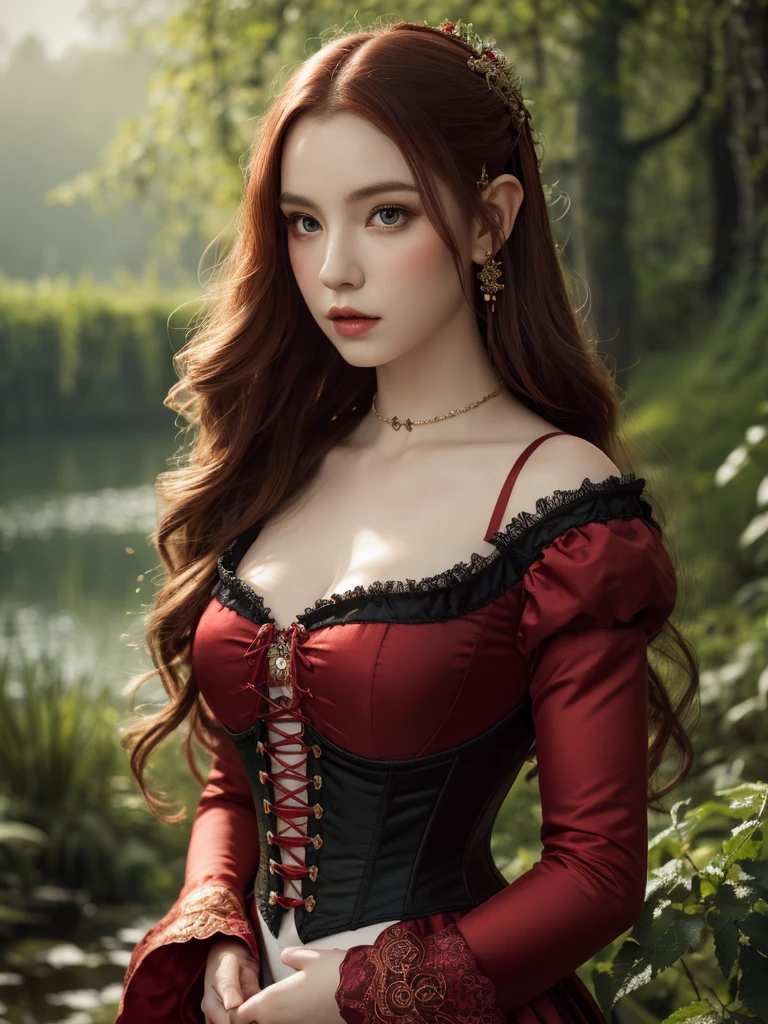 a redheaded asian elf girl, extremely long and very very very silky red hair, elegant wine red 1860's elf dress, black corset, very big tits, beautiful detailed eyes and lips, 1860's clothes,  dense lush forest, dark colors, lake, dramatic lighting, castle, rich colors, intricate details, fantasy, dark academia, 1860's style, (best quality,4k,8k,highres,masterpiece:1.2),ultra-detailed,(realistic,photorealistic,photo-realistic:1.37),magical fantasy atmosphere,concept art