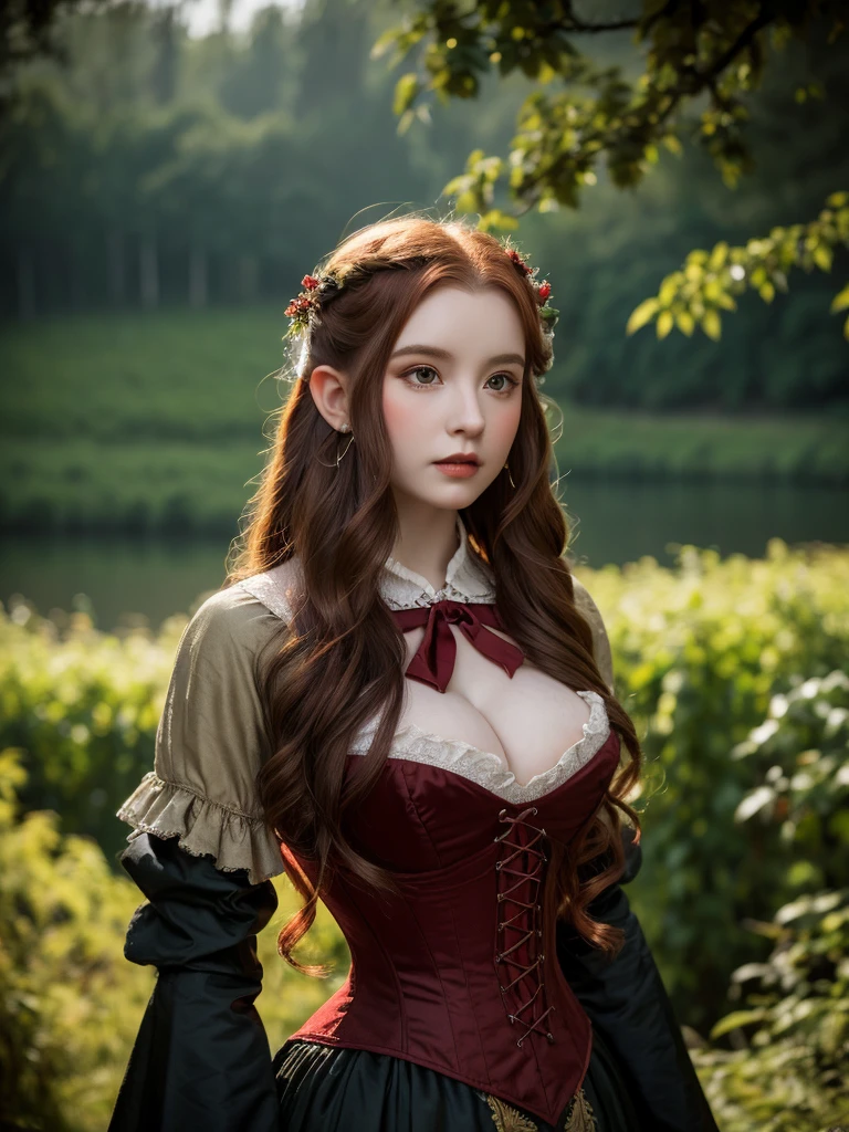 a redheaded asian elf girl, extremely long and very very very silky red hair, elegant wine red 1860's elf dress, black corset, very big tits, beautiful detailed eyes and lips, 1860's clothes, dense lush forest, dark colors, lake, dramatic lighting, castle, rich colors, intricate details, fantasy, dark academia, 1860's style, (best quality,4k,8k,highres,masterpiece:1.2),ultra-detailed,(realistic,photorealistic,photo-realistic:1.37),magical fantasy atmosphere,concept art