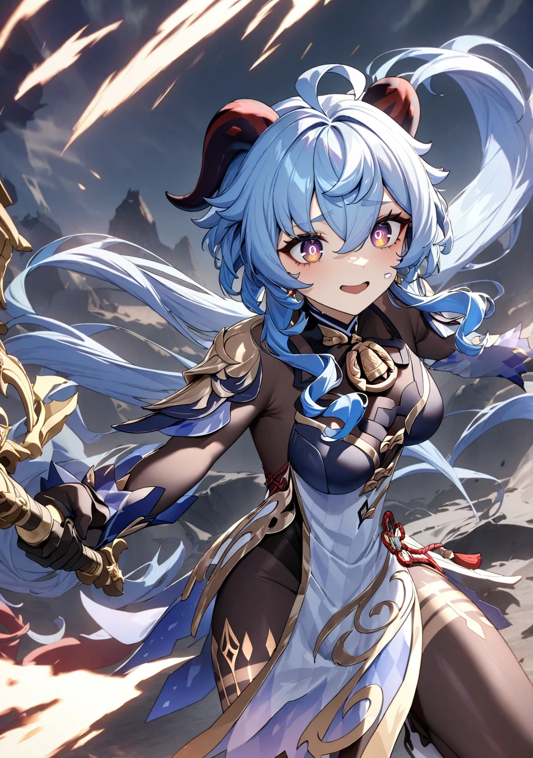 (highest quality:1.2, Very detailed, Latest, Vibrant, Ultra-high resolution, High Contrast, masterpiece:1.2, highest quality, Best aesthetics), (((1 girl))), ganyu \(genshin impact\), Purple eyes, long hair, light blue hair that ends in shades of darker blue, long ponytail, Brownish horns with red engravings, turn backwards, alternate costume, wielding a large sword, Luxurious Armor, Flowing Hair, Intense expression, Intense battle scenes, Dramatic lighting, Bright colors, Powerful strokes, jewelry, Earrings, (((Detailed Eye Expression:1.2, Beautiful Skin, Detailed facial expressions))), Flowing Hair, (crazy smile, sparkling eyes), Heroic figures, Detailed armor and weapons, Dynamic pose, War-torn landscape background