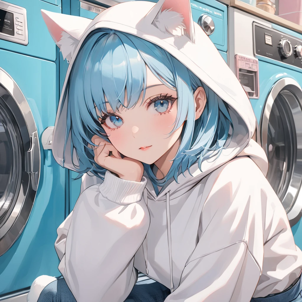 (anime art),(masterpiece),(highest quality:1.2),((Perfect Anatomy)),(Perfect Fingers:1.3),(1 girl),(solo),(white hoodie costume:1.3),(put a hood on head:1.3),(white cat ears on hood:1.3),(denim skirt:1.2),beautiful and detailed blue eyes,girl with a pretty face,pastel blue hair,(Hold a smartphone with one hand and operate it with one hand),(in retro laundromat),(retro blue washing machine),(pastel blue theme),wide shot