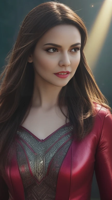 Scene from Movie, Scarlet Witch from Marvel Close-Up Shot, Distorted Space, Distorted Undead in the Background, Lens Flares, Light Shafts, Intricate Details, High Detailed, Volumetric Lighting, 4k Rendering, Stock Photo, Hyper Realistic, Realistic Textures, Dramatic Lighting, Unreal Engine