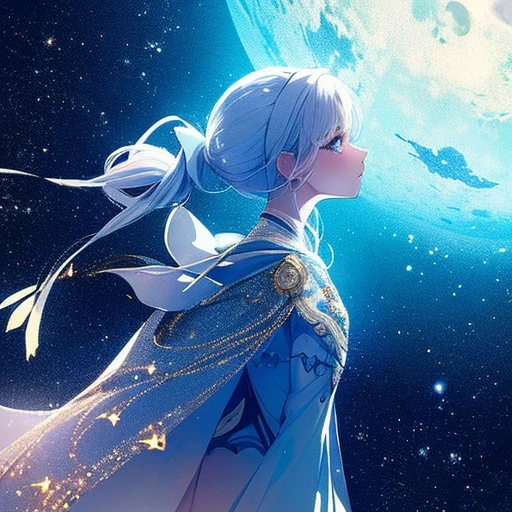 Masterpiece, (Best Quality: 1.2), (Super Fine: 1.2), Illustration, (Extremely Delicate and Beautiful: 1.2), Film Angle, Floating, (Beautiful Detail Eye: 1.1), (Detail Light: 1.1), Film Lights, Delicate Sky, Woman, White Hair, Blue Eyes, (High Ponytail: 1.1), Cloak, Glowing Eyes, (Moon: 1.2), (Moonlight: 1.1), Starry Sky, (Light Particles: 1.1), Fog , snow painting, sketching, blooming