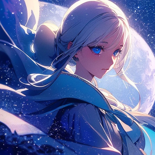 Masterpiece, (Best Quality: 1.2), (Super Fine: 1.2), Illustration, (Extremely Delicate and Beautiful: 1.2), Film Angle, Floating, (Beautiful Detail Eye: 1.1), (Detail Light: 1.1), Film Lights, Delicate Sky, Woman, White Hair, Blue Eyes, (High Ponytail: 1.1), Cloak, Glowing Eyes, (Moon: 1.2), (Moonlight: 1.1), Starry Sky, (Light Particles: 1.1), Fog , snow painting, sketching, blooming