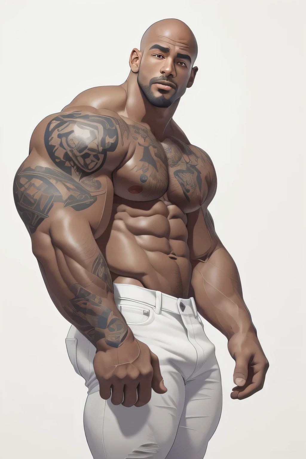 masterpiece, handsome black guy, tattooed chest, tattooed arms, dark skin, clear face and eyes, best quality, muscular, bara, mature male,shirtless,full lips,skin head bald, large pectorals,tattooed neck and sleeve, huge arms and hands,wearing white jeans,thick eyebrows,white background