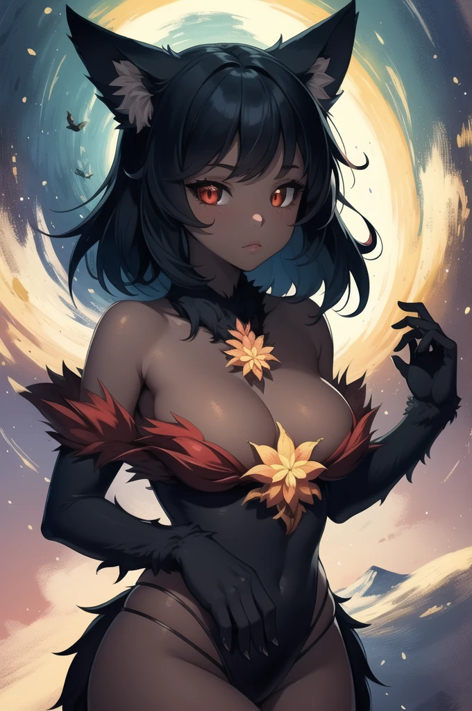 ((best art ,illustration,masterpiece,best quality:1.25)),solo, perfect hands,perfect fingers,bald,flirting with viewer,cinematic composition, hhmge, monster girl, black sclera, slit pupils, animal hands, dark skin, grey skin, toned, red eyes, orange eyes, yellow eyes, black fur, wolf paws