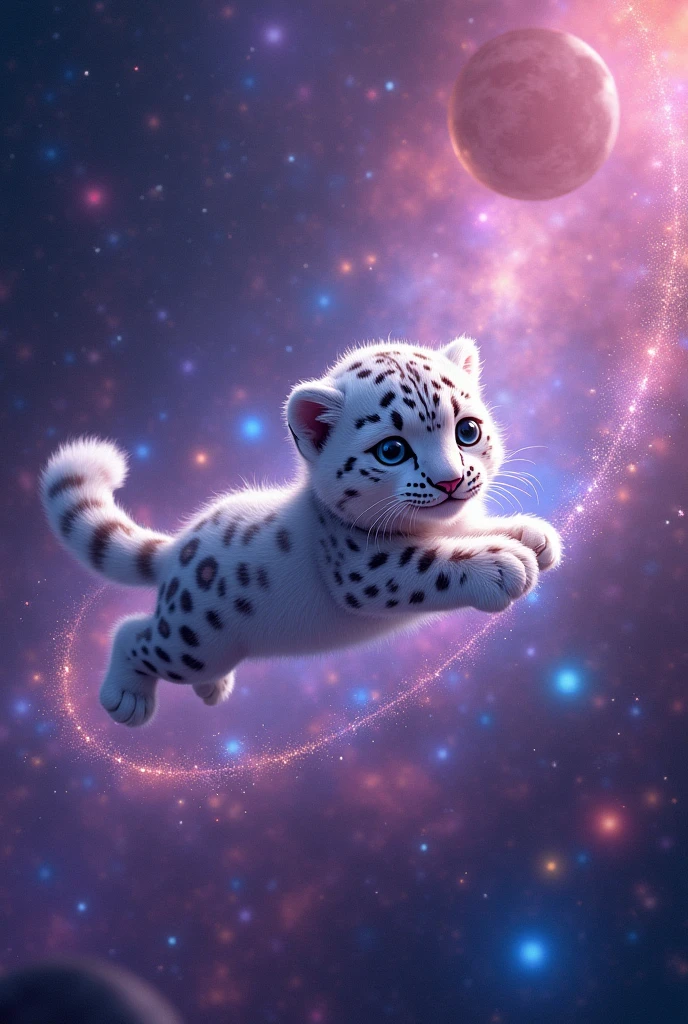 A super cute, realistic snow leopard flying through space, psychedelic colors