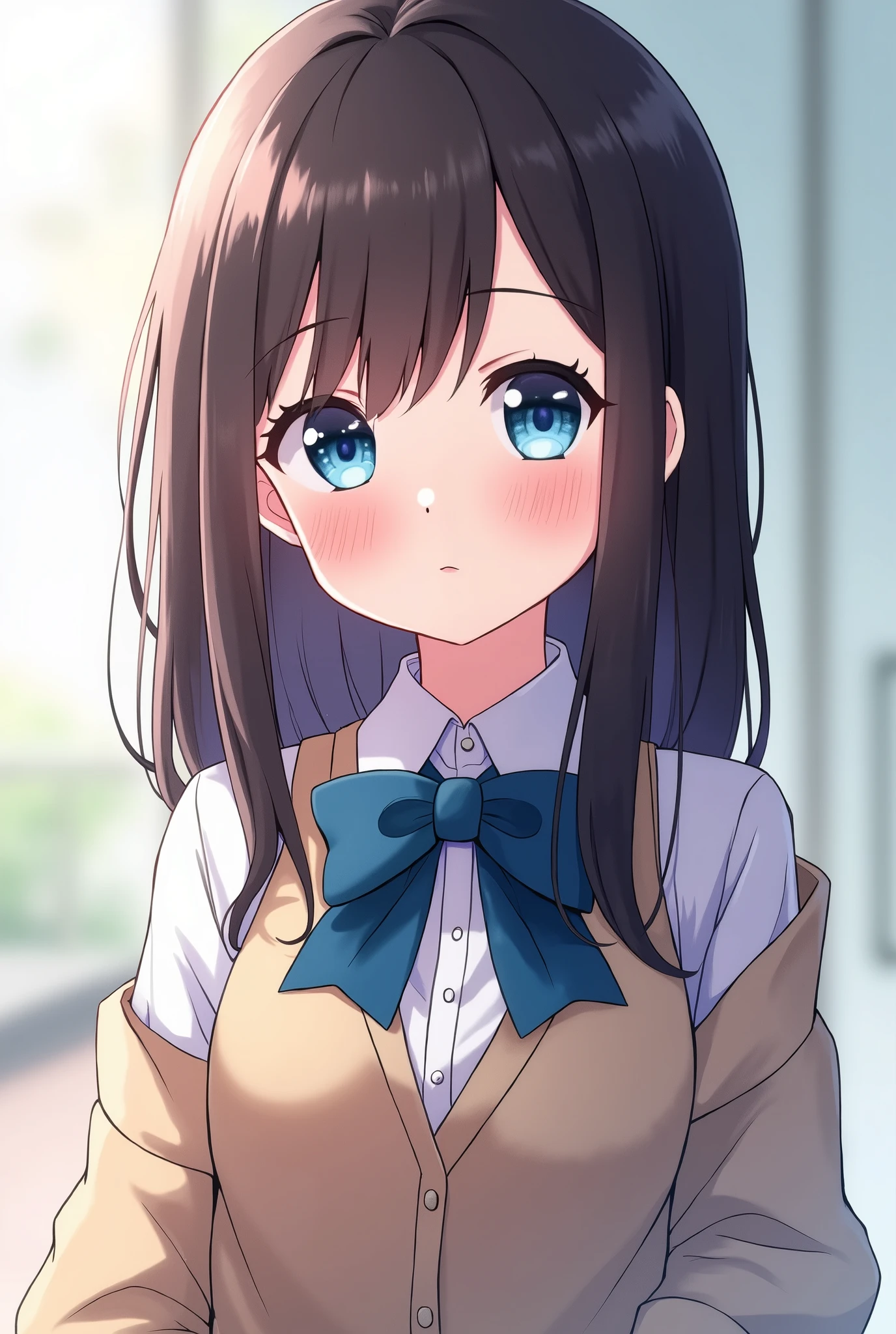 anime girl with blue eyes and a bow tie in a school uniform, beautiful anime high school girl, anime visual of a cute girl, kawaii realistic portrait, cute anime girl, smooth anime cg art, anime style 4 k, clean detailed anime art, anime moe artstyle, digital anime illustration, pretty anime girl, visual novel cg, beautiful anime girl, young anime girl
