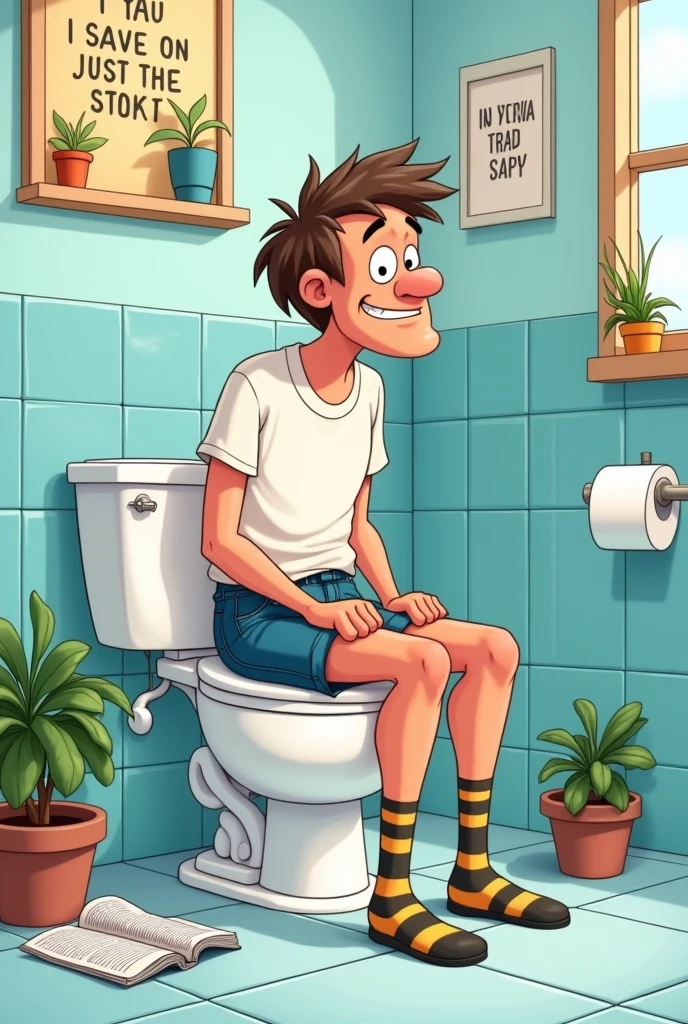Recreate a drawing of a person sitting backwards on the toilet to collect a stool sample,