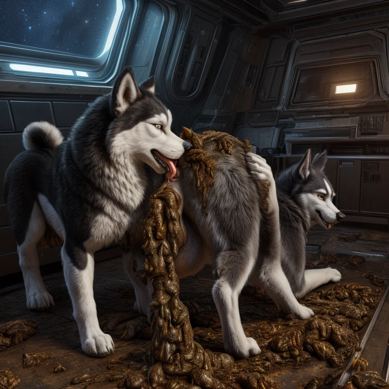 A hyper realistic, ultra detailed image of a husky, fat, (((((feral, husky rimming feces, tongue in husky anus, hands on butt))))), thick thighs, duo, shaded, intricate, realistic, detailed background, (saliva:0.8), panting, drooling, saliva, aroused, ass up, on a klingon star ship, freighter. ((((tongue in anus, excessive drooling, duo, hyper balls, feral, excessive anal scat, standing on all fours, spreading legs, excessive hyper anal feces, husky anal feces rimming))))