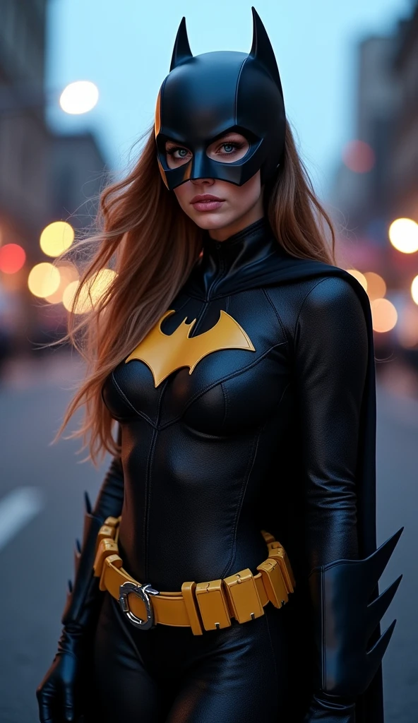 wide shot) full-length hyper realistic cosplay photograph of a beautiful woman, 20 years old, as Batgirl, athletic body, (light and bright blue eyes:1.2), very long eyelashes, sensual lips, provocative expression, big breasts, realistic, real face, hyper realistic, influencer, insta influencer, beautiful, sexy, pretty