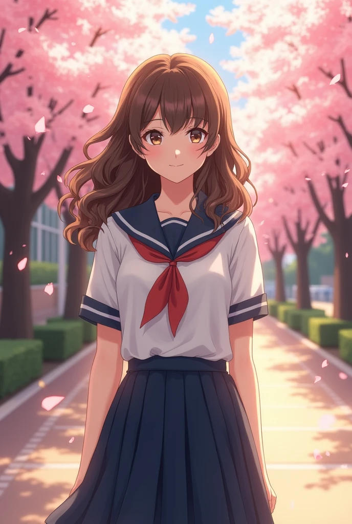 (photorealism:1.2), beautiful japanese girl, brown curly hair, white skin. She is wearing a school uniform