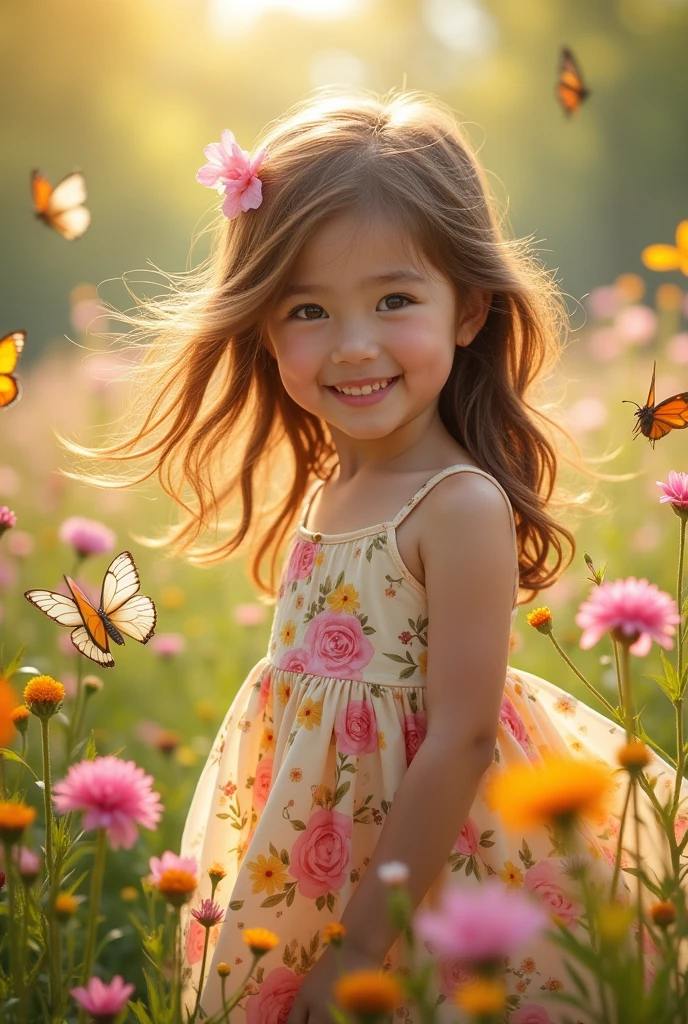 innocent looking girl with brown hair and floral dress 