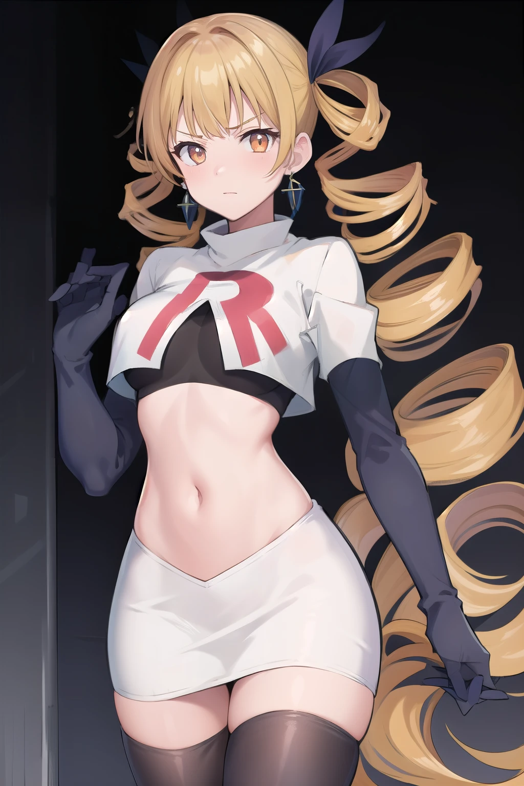 best quality, (masterpiece:1.2), illustration, absurdres, anime,
(1girl, solo), (beautiful detailed girl),
Mariabell Crois, yellow hair, drill hair, twin drills, (long hair:1.1), very long hair,, hair ornament, orange eyes, medium breasts, earrings, jewelry,
team rocket,team rocket uniform,white skirt,red letter R,crop top,black thigh-highs,black elbow gloves, looking at viewer,
