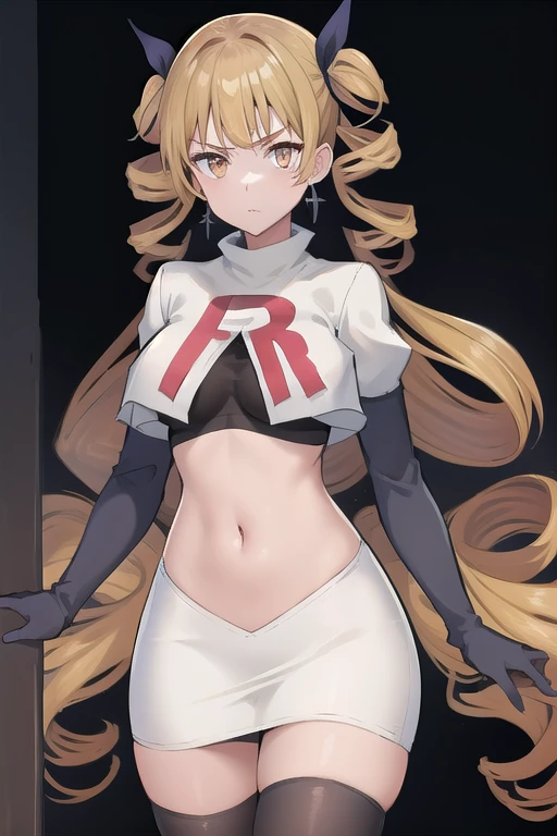 best quality, (masterpiece:1.2), illustration, absurdres, anime,
(1girl, solo), (beautiful detailed girl),
Mariabell Crois, yellow hair, drill hair, twin drills, (long hair:1.1), very long hair,, hair ornament, orange eyes, medium breasts, earrings, jewelry,
team rocket,team rocket uniform,white skirt,red letter R,crop top,black thigh-highs,black elbow gloves, looking at viewer,
