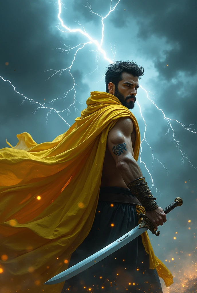 A thunder swordsman with a scar on his arm wearing a yellow overcoat