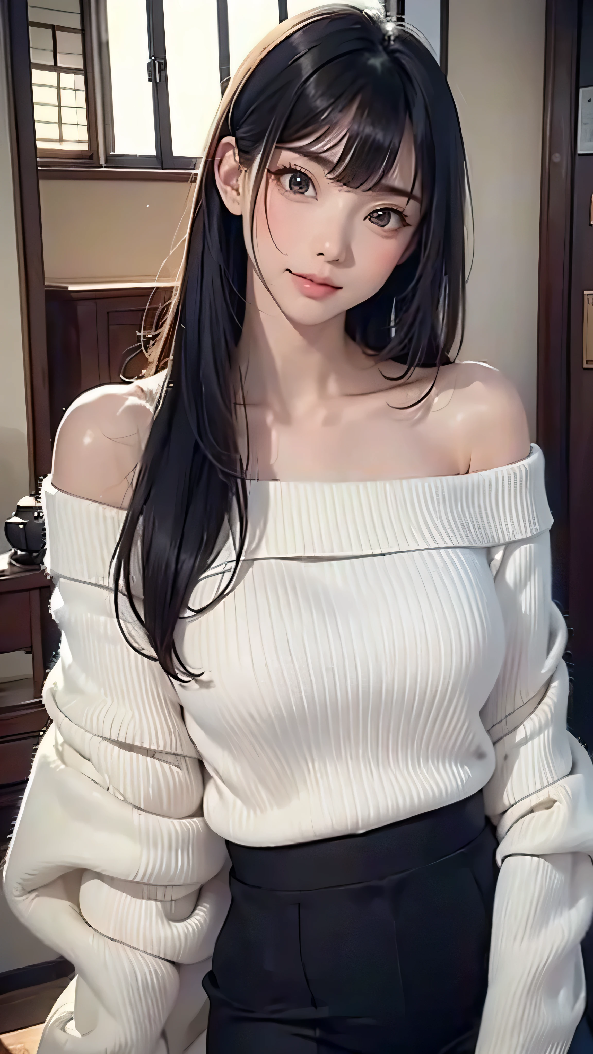 ((Highest quality)), ((masterpiece)), (detailed), One girl, Off-the-shoulder sweater, Japanese