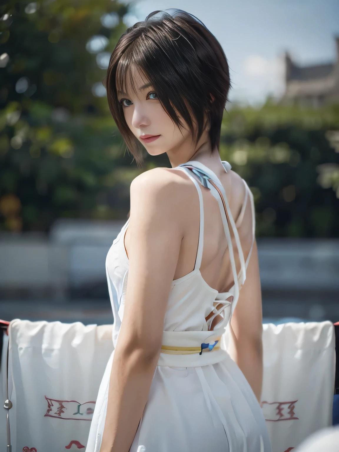 20 year old Japanese beauty，One person、Muscular body like a bodybuilder、Emphasize the breasts、Slit eyes、A head-to-toe view，Bust is very very large、The background is a medieval European kitchen、High quality photos、Clear, crisp images of the lower body、Masterpiece 8k、Smiling、I'm hanging laundry outside.、From the front, from the side, from the back, etc.々from what camera angle to shoot、FF10 Yuna's outfit、Character Sheet、Character screen style