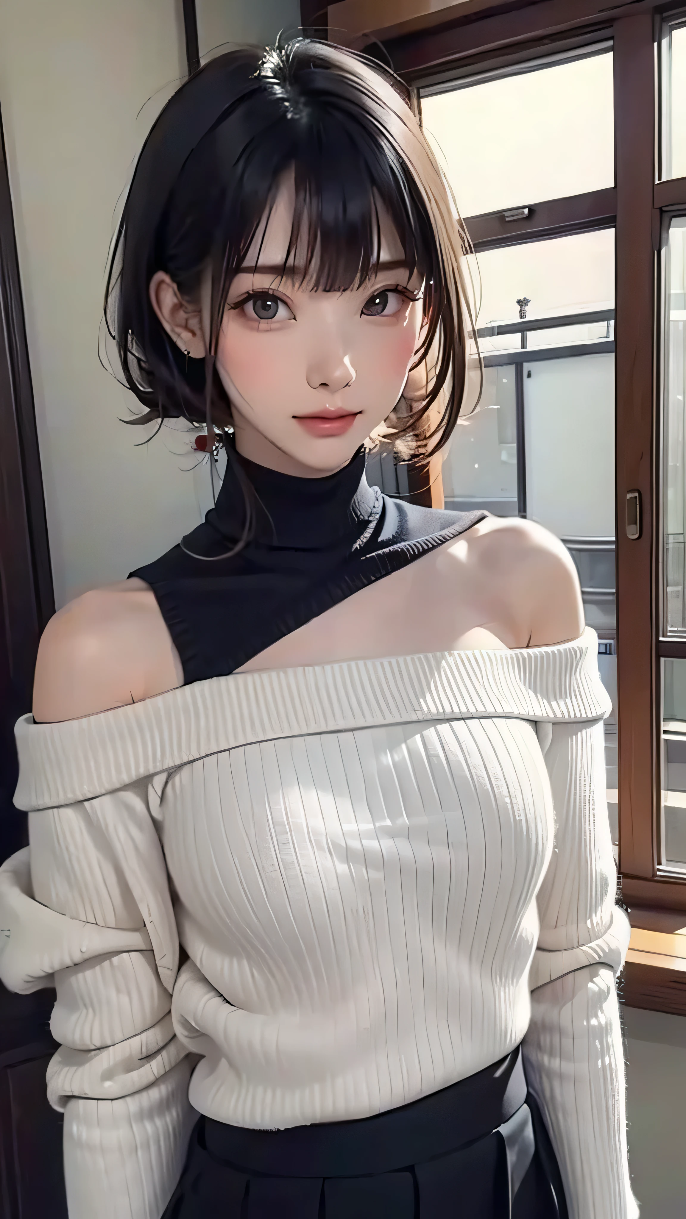 ((Highest quality)), ((masterpiece)), (detailed), One girl, Off-the-shoulder sweater, Japanese