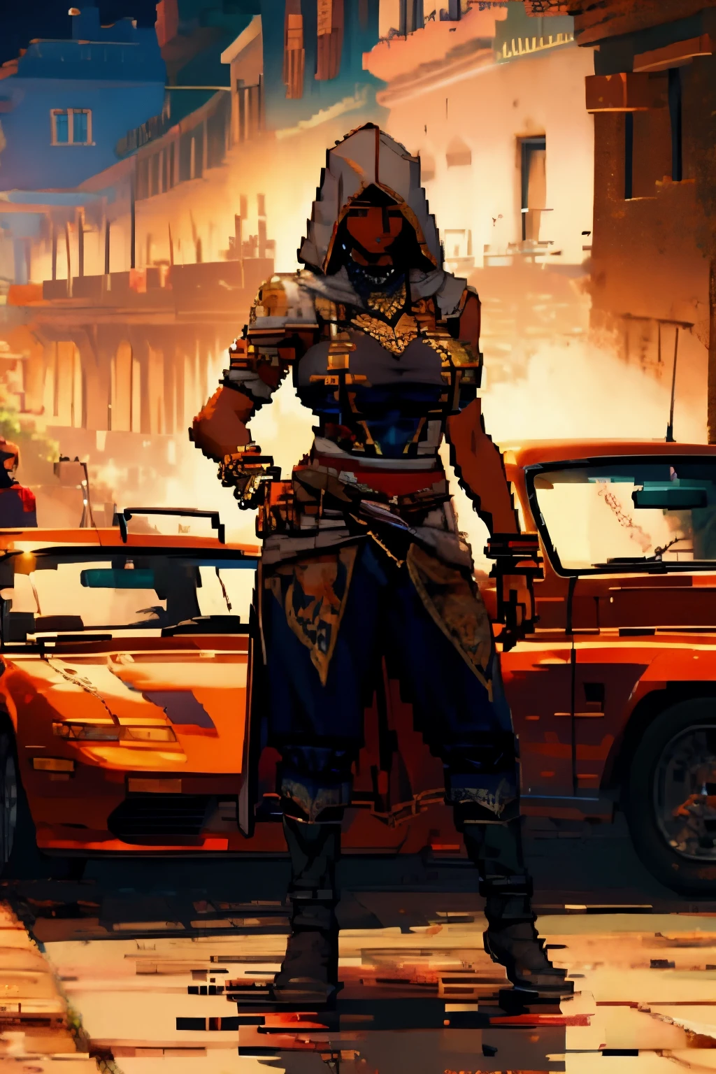 The woman, Altaïr's suit boots to the knee, Bracelets on the legs, socks, stockings, Jerusalem in the background, ((evening, night)), very detailed, Realistic long-term photography., 4k, short hair, brown hair,(((hood, hood)), ((shocks, garagantilla)),bracelet, sexy, dark skin, brown eyes, big breasts, big breasts