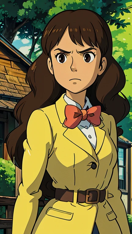 (1girl, emmy altava), (extremely detailed CG unit 8k wallpaper),(master part), (best quality), (ultra detail), (best illustration),(ghibli style), cowboy shot, (Sharp eyeliner, ombre, detail eyes:1), city park, outdoors , break , (GHIBLI_Background), upper body, black eyes, bow, bowtie, brown eyes, brown hair, clenched hand, closed mouth, frown, long hair, long sleeves, medium breasts,  school uniform, solo, white shirt, yellow jacket,