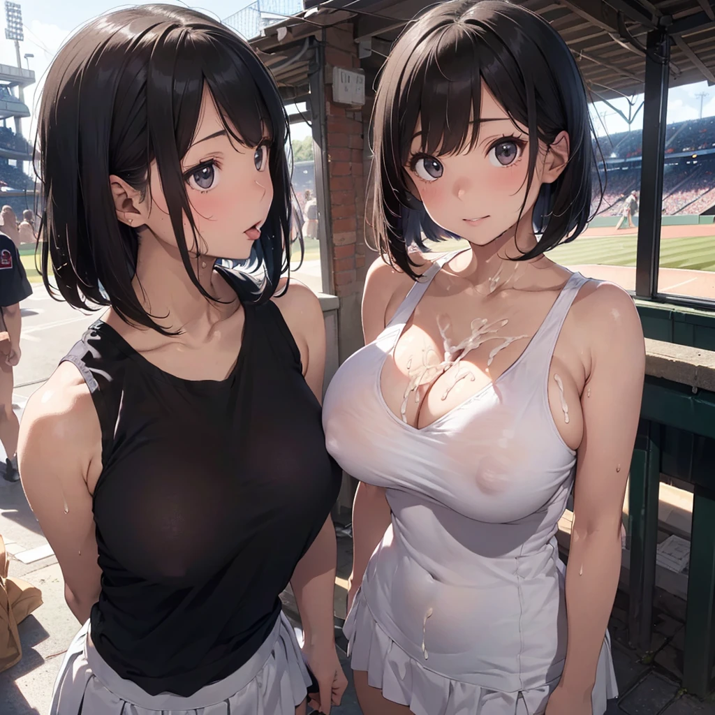 2lady(different hair style), ((ultra-quality)), (Bukkake:1.5), (side view), (profile), (from side), (side colossal tit:1.6), (in 8K), (arms behind back:1.5), (arms are down), ultra highres, Hyper Detailed, High contrast, Ultrafine Strike, creative refinement, absurdres, Realistic, extremely detailed CG unified 8k wallpaper, Highly detailed, High-definition raw color photos, professional photography, Realistic portrait, Cinematic Light, Beautiful detailed, 28 years old woman, (realistic skin:1.3), (shiny skin), (Best Quality:1.4), Super Detail, High quality, master piece, lifelike, (After SEX), Bukkake, Perfect face, (cum on chest:1.5), (Bukkake:1.5), (covered by lot of cum:1.3), (Sharp Focus), (upper body), (close up), Delicate Beautiful Hair and Eyes and Face, Delicate eyes, radiant eyes, Lifelike, Hyper-detailing, (white tank top:1.3), (bare shoulder), (covered breasts), (mini skirt), (Sheer areola:1.3), (colossal breasts:1.6), (big breasts:1.5), (Beautiful breasts:1.5), (smooth stomach), (Sheer areola:1.4), (arms behind back:1.3), Beautiful cute woman, camel-toe details, (SFW), wet clothes, pale black eyes, (bob cut), (medium hair), (parted bangs), (baseball stadium)
