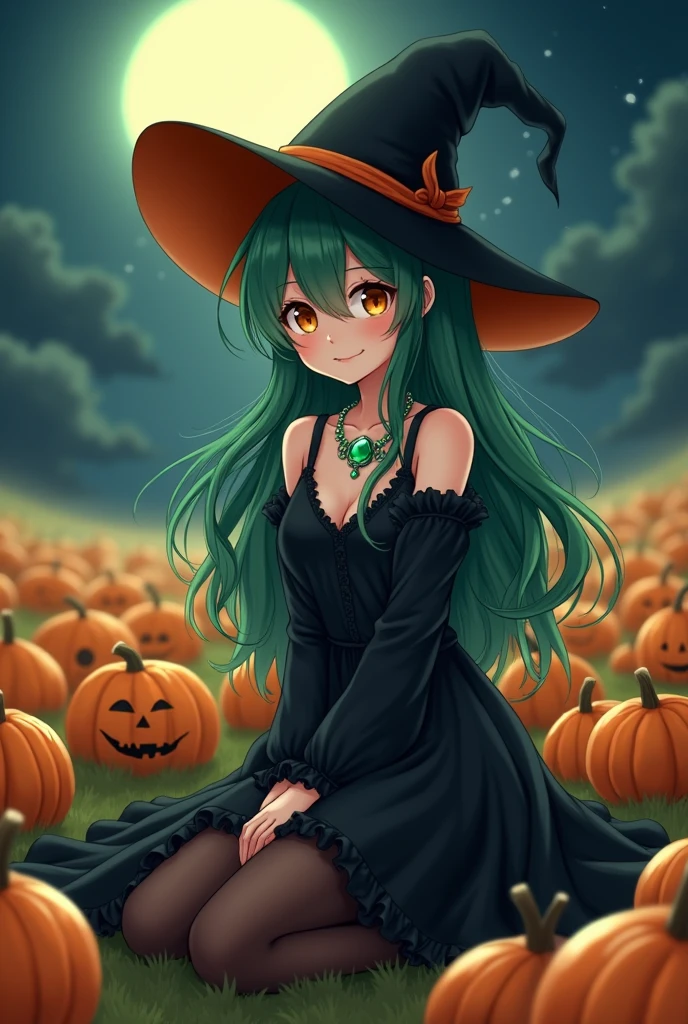Halloween, witch, field of pumpkins, full moon, anime, black dress, dark green hair, stockings, medium boobs, sitting, adult woman, smiling, realistic, witch hat, wearing emerald necklace, covered shoulders