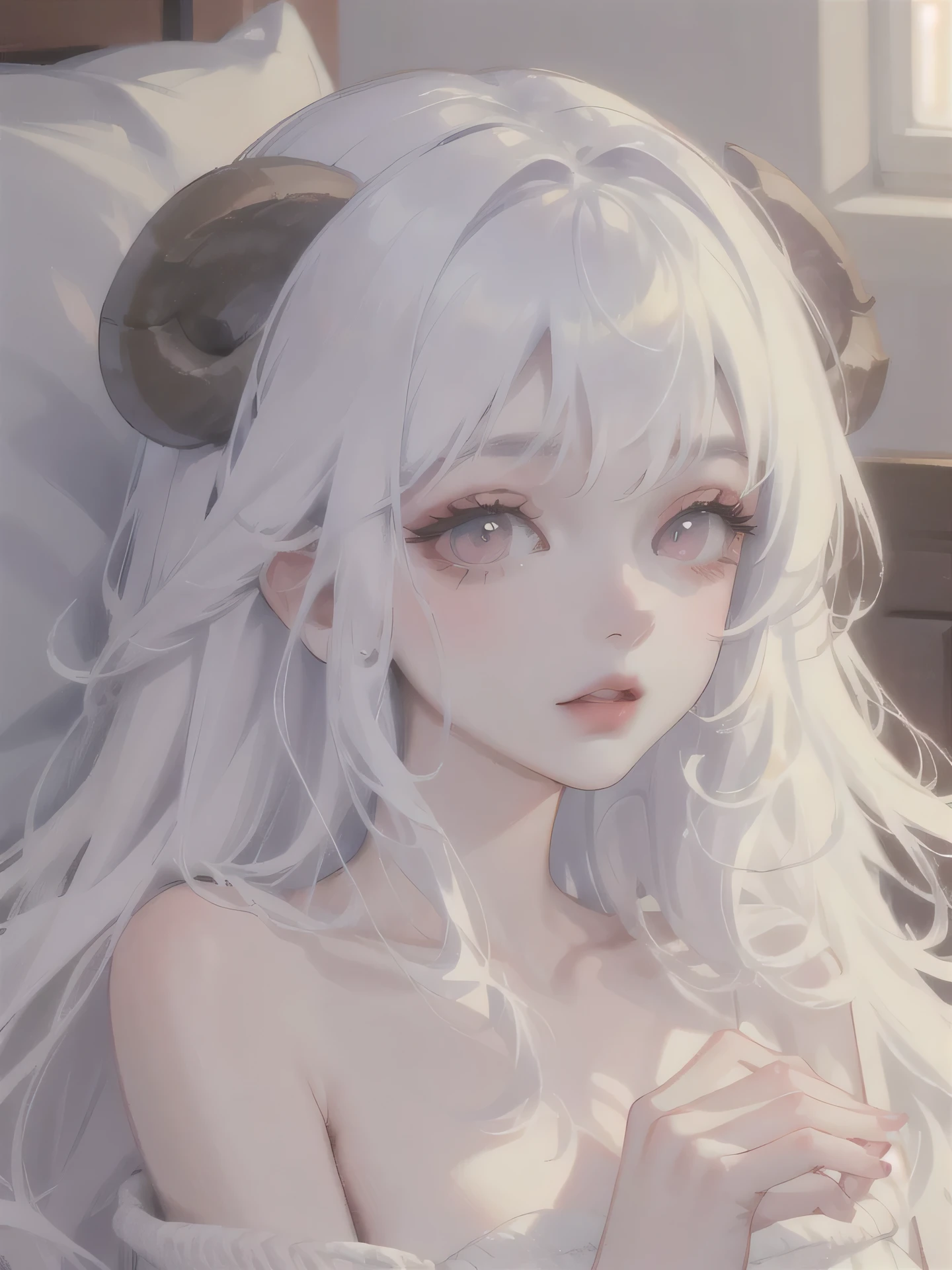(High quality) (best quality) (A woman) (correct physiognomy) (perfect pupils) (perfect eyes) woman Human-sheep hybrid, deep white hair, long and fluffy, two Sheep ears coming out of her head, Red eyes, sensitive lips, feminine appearance, soft facial features, thin eyebrows, soft skin, rosy cheeks, rosy lips, silky eyelashes, dreamy expression, middle age, youthful clothing, sweatshirt with print sheep, photo illuminated by sunlight, Woman lying in her bed.