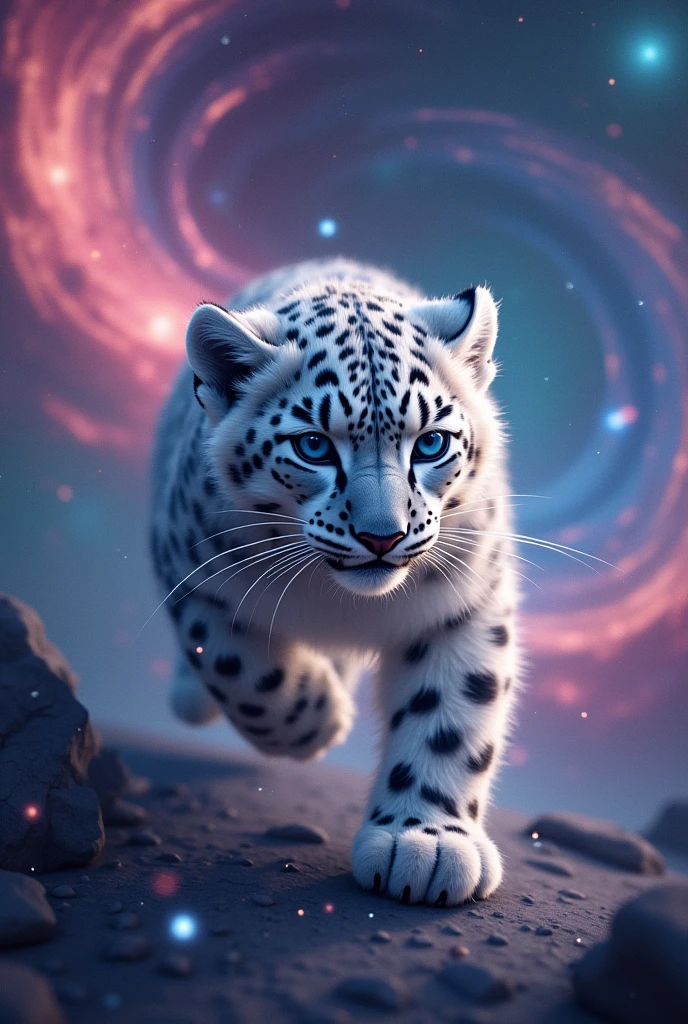 A super cute, realistic snow leopard flying through space, psychedelic colors