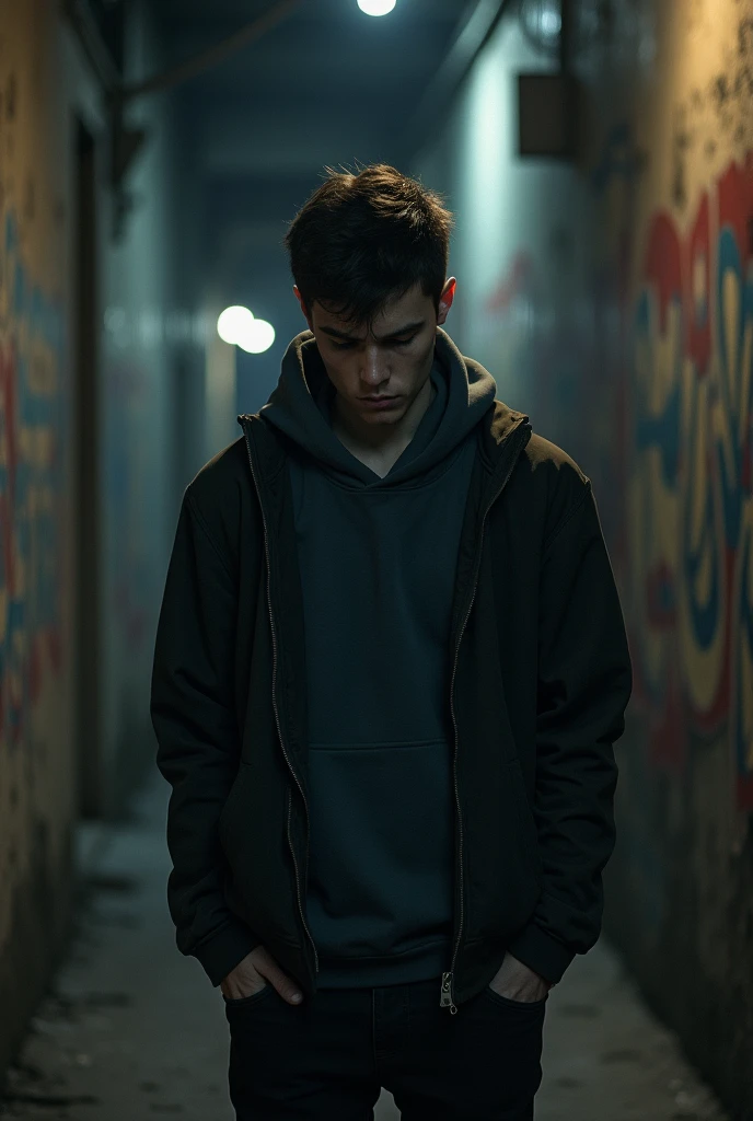 I want a picture of a person extremely feeling underconfident and is showing all the signs that he is lacking confidence . His shoulder is dropped he lacks smile he is showing anxiety expression and looking depressed