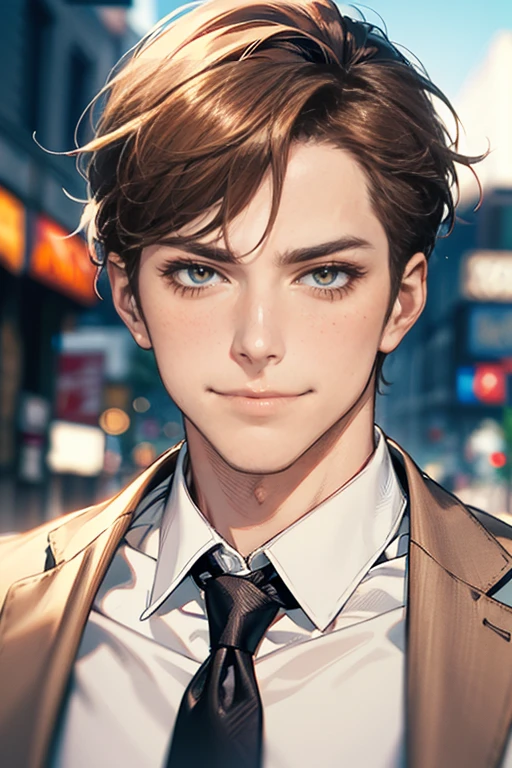 (tmasterpiece, high resolution, ultra - detailed:1.0), (1 male, masculine face, 31 years, CEO), Perfect male body, tall and strong, Adult male, Delicate eyes and delicate face, Extremely detailed CG, Unity 8k wallpaper, Complicated details, Detailed face, (short brown hair, short hair, smile in love faces, blur eyes, white shirts,), (frown, smile in love:1.3), stad in corporativo, empresa, escritório style, color difference, Depth of field, dramatic shadow, Ray tracing, Best quality, Cinematic lighting, offcial art,Portrait