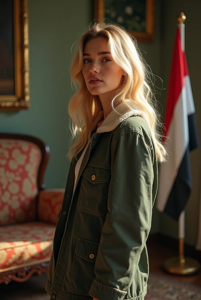 (Raw photo, 4K, masterpiece, A high resolution, extremely complex) (realistic: 1.4), Cinematic lighting, 1 jewish blonde woman, just concentrate, (slight full posture), Summer afternoon, cold, 1900-е годы (style), in room, Indonesia flag stand, outdoor jacket