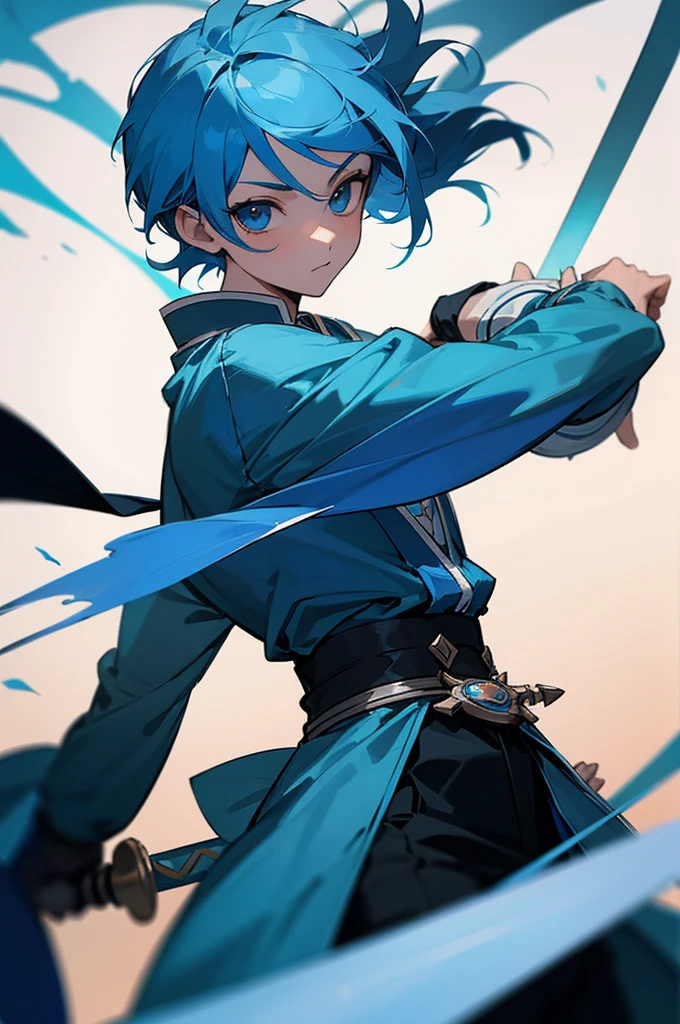 A young boy with blue hair, a rapier wielder