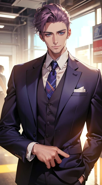 (best quality,4k,8k,highres,masterpiece:1.2),ultra-detailed,(realistic,photorealistic,photo-realistic:1.37),1 man,31 years old,mature man,very handsome,without expression,smile,short purple hair,blue eyes,penetrating gaze,perfect face without errors,imposing posture,businessman,office background,cinematic lighting,hdr image